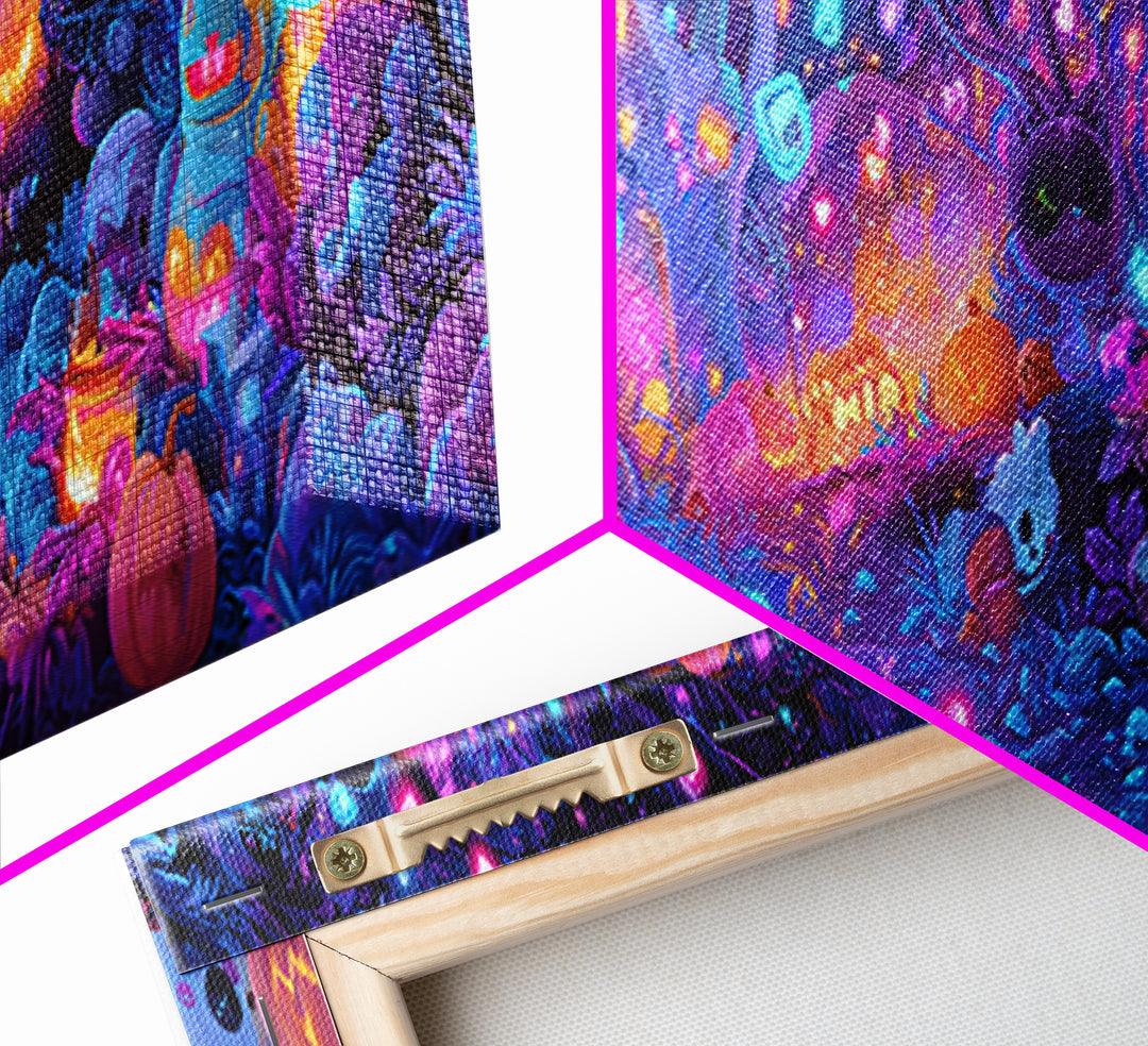 The Moonlight Dance Party, Synthwave Halloween Art, Extra Wide Wall Art, Canvas Print, Retro Halloween Decor, Neon Wall Art