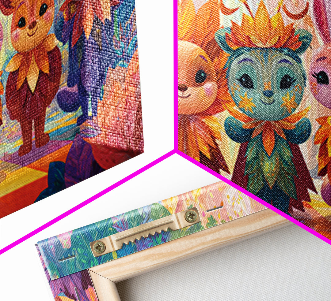 The Autumn Leaf Costume Contest, Cute Spooky Neon Art, Wide Panoramic Art, Canvas Print, Retro Halloween Decor, Neon Wall Art