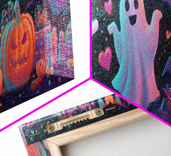 The Halloween Craft Table, Retro Neon Halloween Art, Extra Wide Wall Art, Framed Canvas Print, Retro Halloween Decor, Neon Wall Art