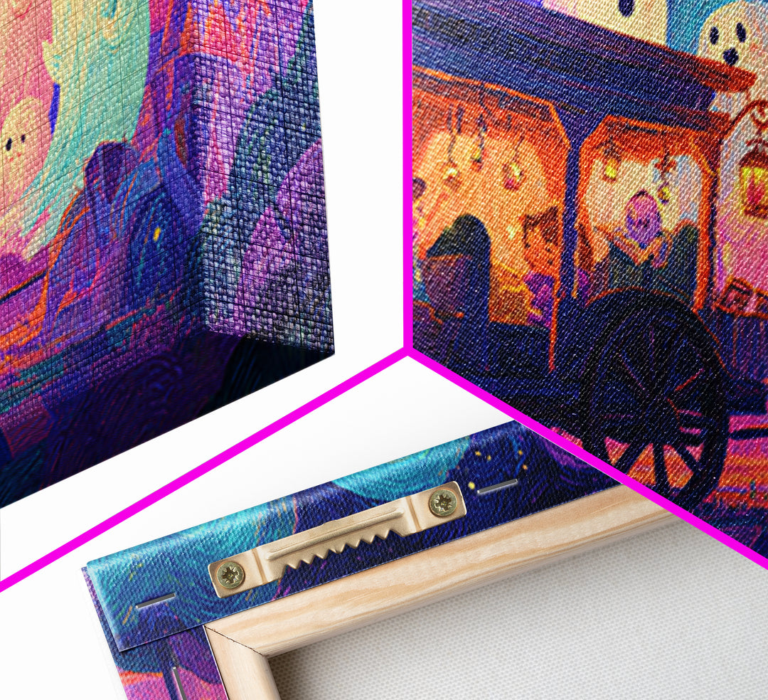 The Friendly Haunted Hayride, 80s Halloween Wall Art, Wide Panoramic Art, Canvas Print, Retro Halloween Decor, Neon Wall Art