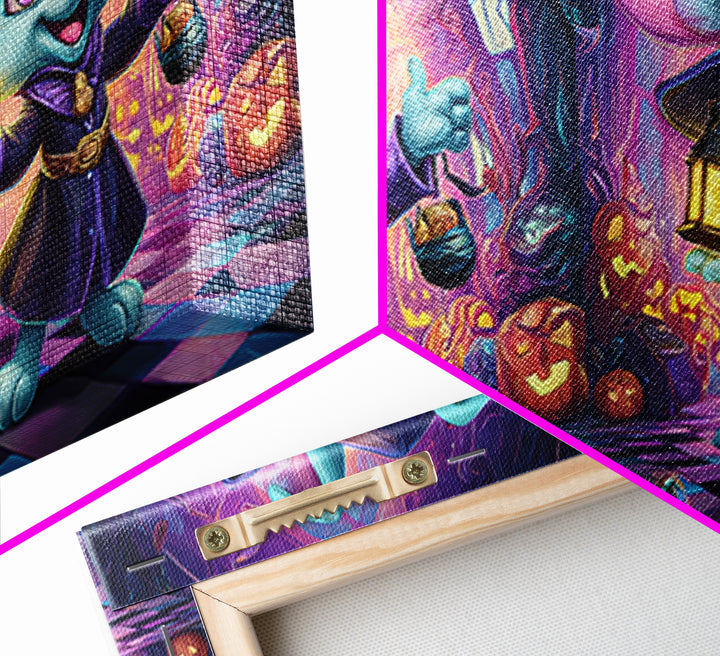 The Halloween Pet Parade, Synthwave Halloween Art, Wide Panoramic Art, Framed Canvas Print, Retro Halloween Decor, Neon Wall Art