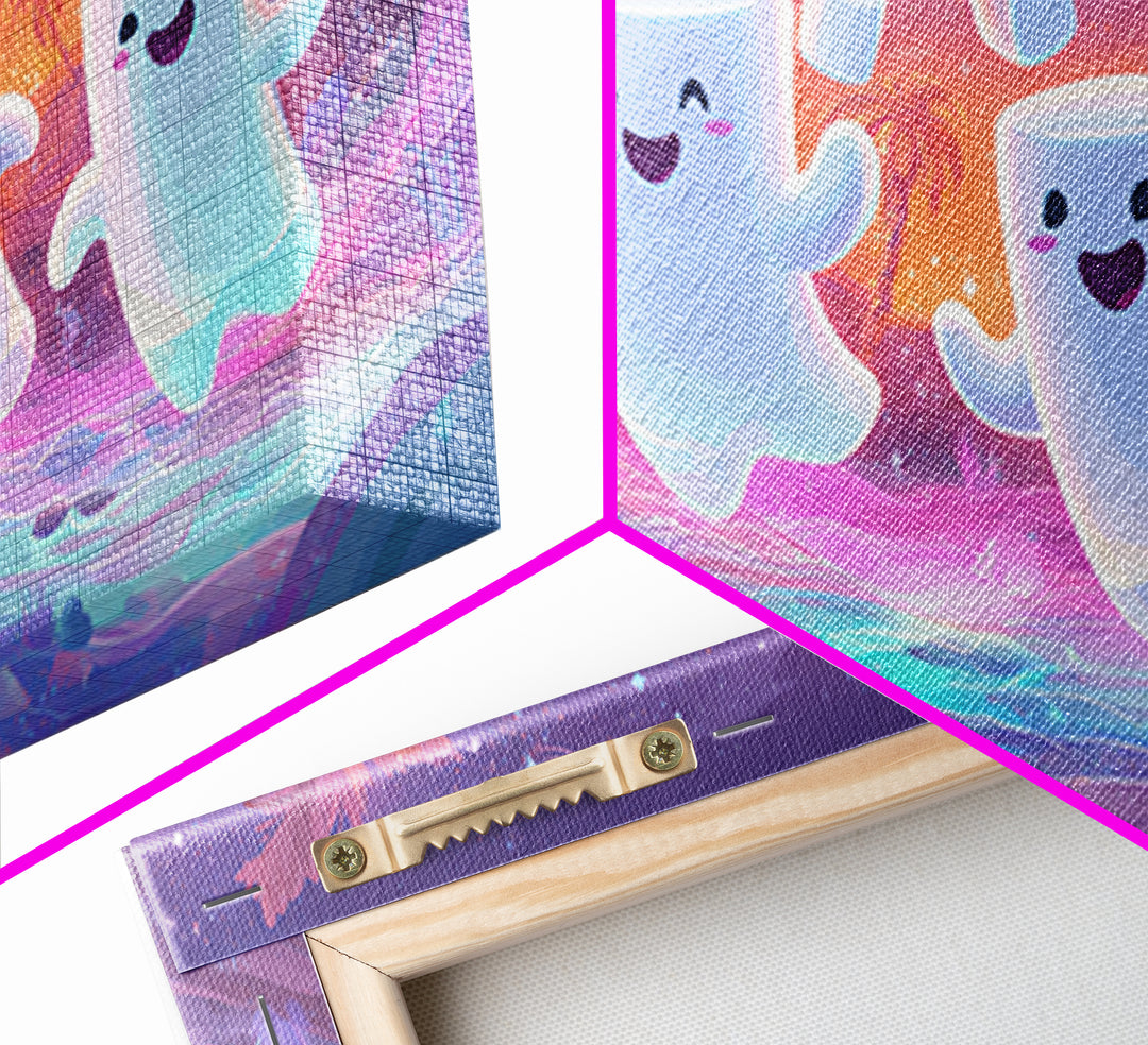 The Midnight Cocoa Party, Vaporwave Halloween Decor, Wide Panoramic Art, Framed Canvas Print, Retro Halloween Decor, Neon Wall Art