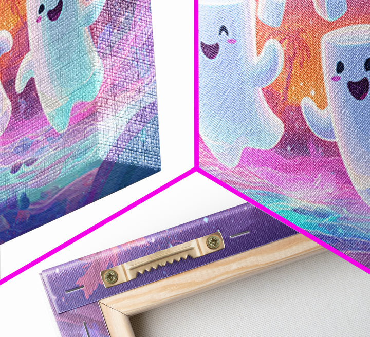 The Midnight Cocoa Party, Vaporwave Halloween Decor, Wide Panoramic Art, Framed Canvas Print, Retro Halloween Decor, Neon Wall Art