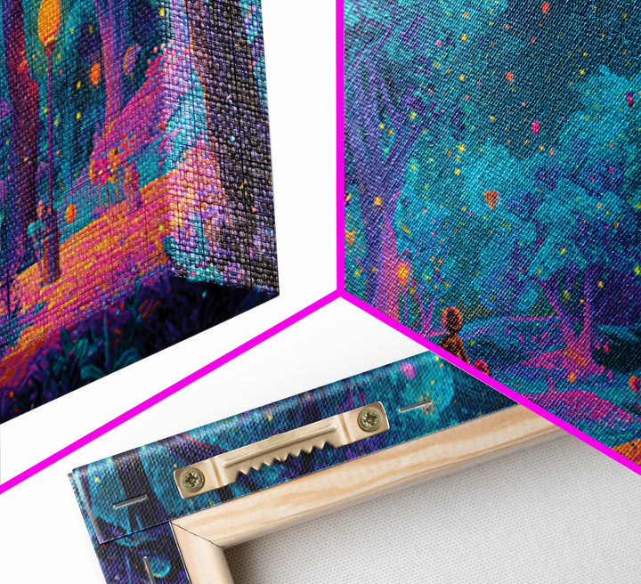 The Firefly Lantern Forest, Vaporwave Halloween Decor, Wide Panoramic Art, Framed Canvas Print, Retro Halloween Decor, Neon Wall Art