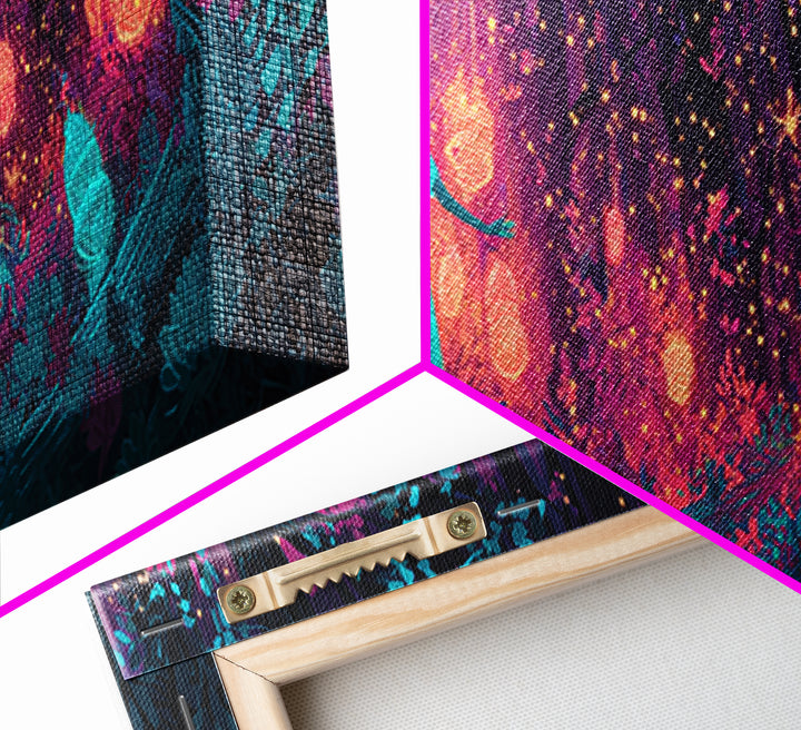 The Firefly Lantern Forest, Vaporwave Halloween Decor, Extra Wide Wall Art, Framed Canvas Print, Retro Halloween Decor, Neon Wall Art