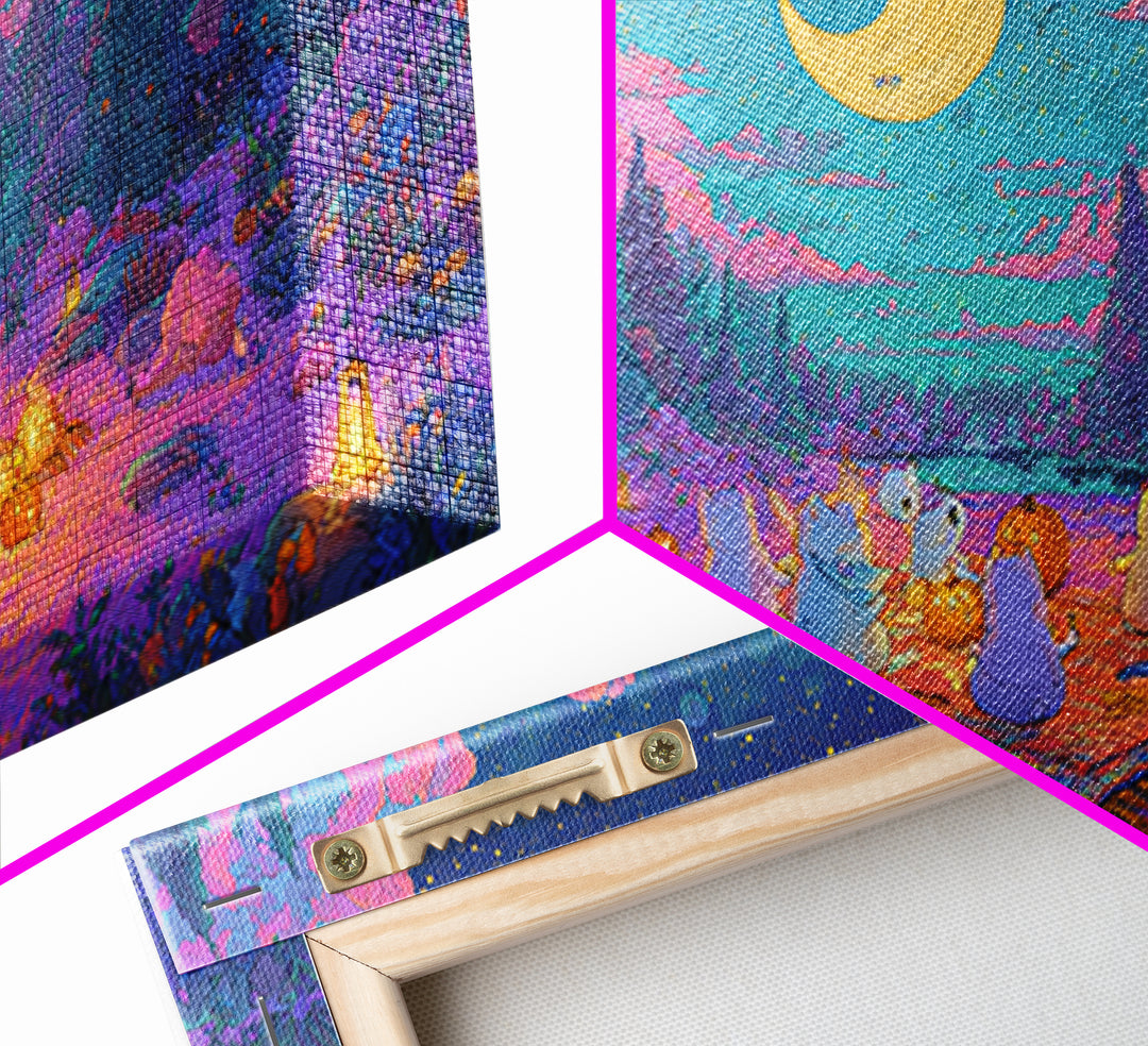 The Smiling Moon Meadow, Vaporwave Halloween Decor, Wide Panoramic Art, Canvas Print, Retro Halloween Decor, Neon Wall Art