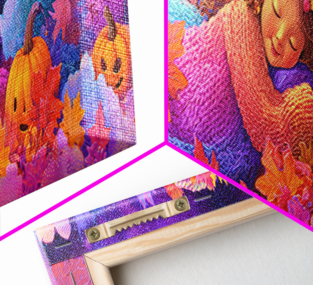 The Dancing Autumn Leaves, 80s Halloween Wall Art, Extra Wide Wall Art, Canvas Print, Retro Halloween Decor, Neon Wall Art