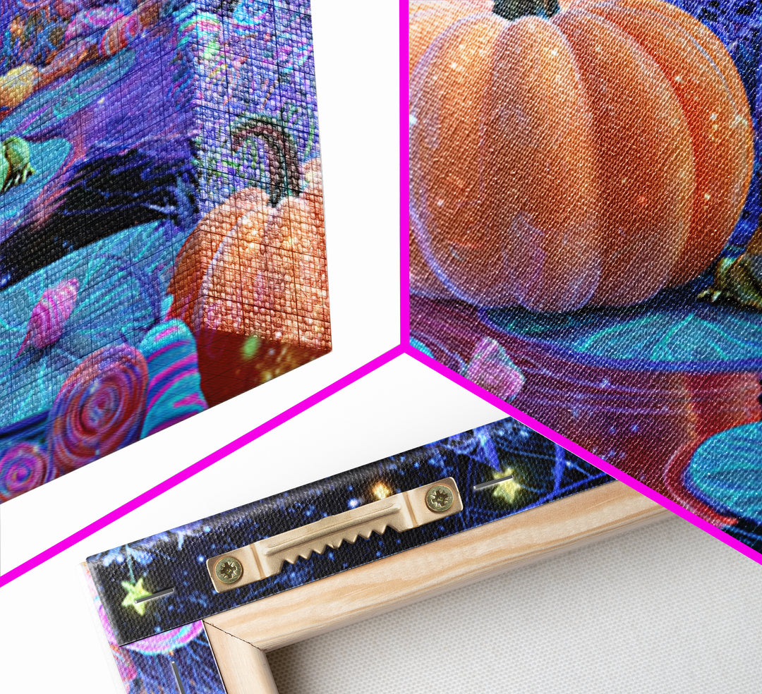 The Star-Filled Pumpkin Pond, Vaporwave Halloween Decor, Landscape Wall Art, Framed Canvas Print, Retro Halloween Decor, Neon Wall Art