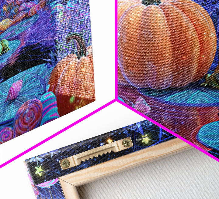 The Star-Filled Pumpkin Pond, Vaporwave Halloween Decor, Landscape Wall Art, Framed Canvas Print, Retro Halloween Decor, Neon Wall Art