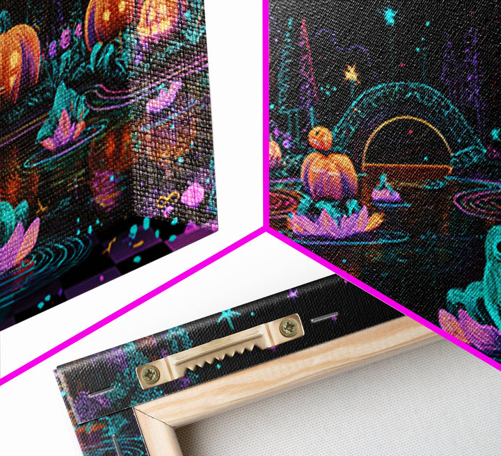 The Star-Filled Pumpkin Pond, Retro Neon Halloween Art, Wide Panoramic Art, Framed Canvas Print, Retro Halloween Decor, Neon Wall Art