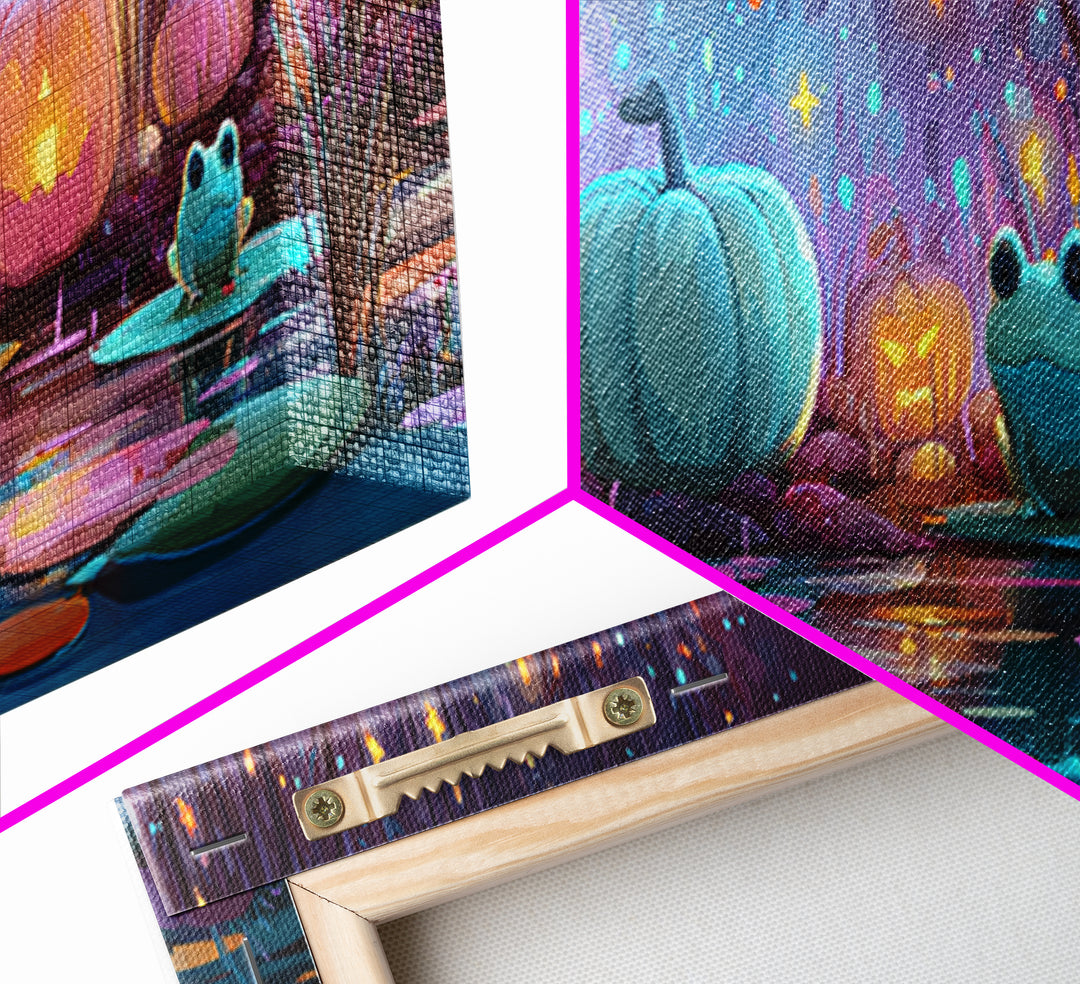The Star-Filled Pumpkin Pond, Retro Neon Halloween Art, Extra Wide Wall Art, Canvas Print, Retro Halloween Decor, Neon Wall Art
