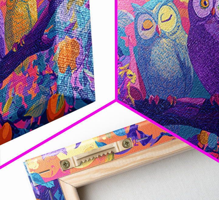 The Sleepy Owl Orchard, Retro Neon Halloween Art, Wide Panoramic Art, Framed Canvas Print, Retro Halloween Decor, Neon Wall Art