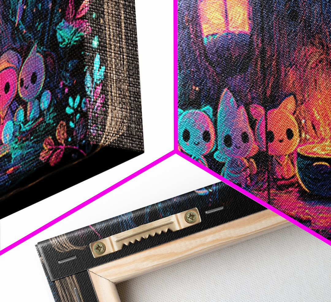 The Cozy Hollow Tree, Retro Neon Halloween Art, Wide Panoramic Art, Canvas Print, Retro Halloween Decor, Neon Wall Art, Statement Wall Art