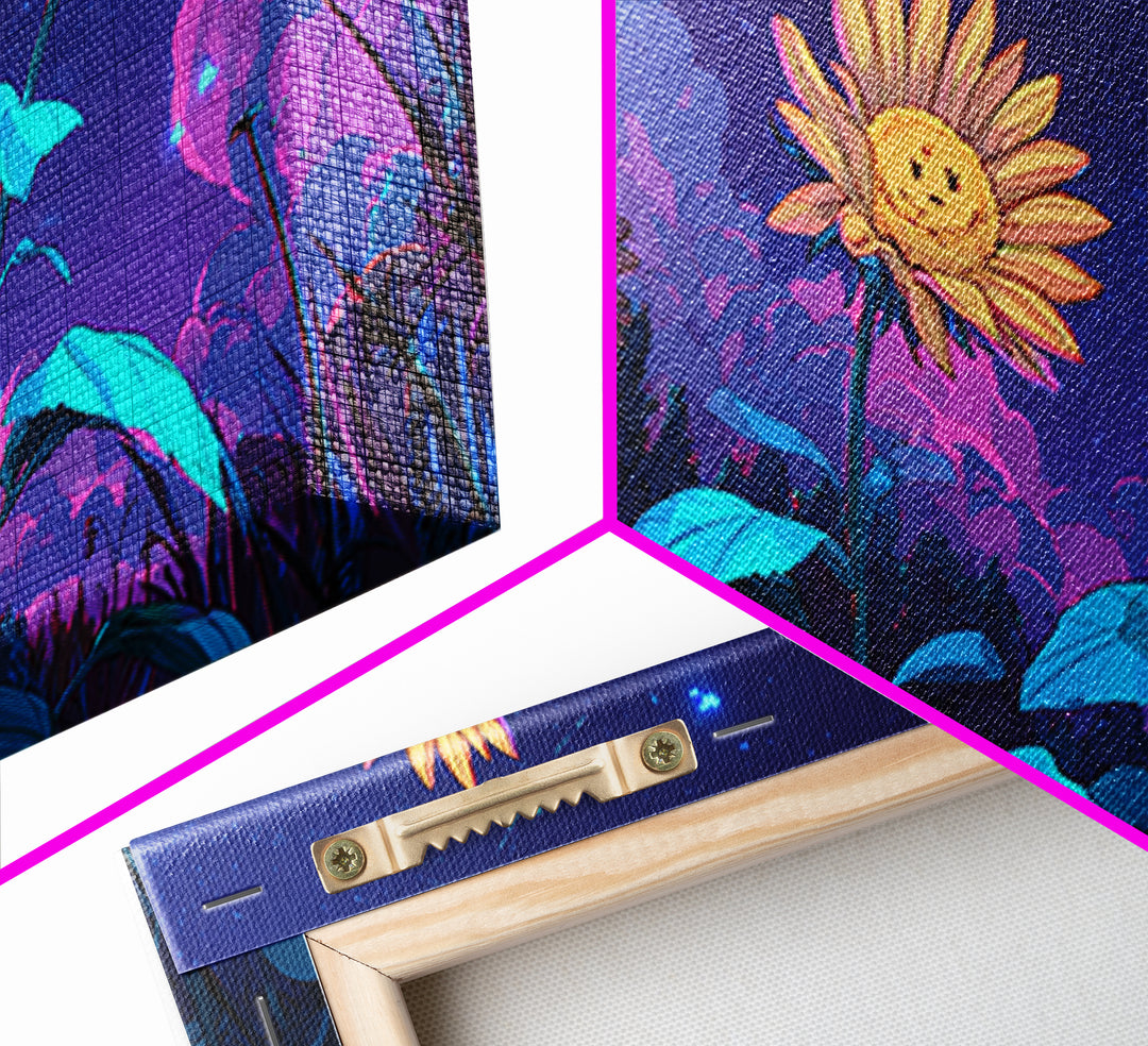 The Singing Sunflowers At Midnight, Synthwave Halloween Art, Wide Panoramic Art, Canvas Print, Retro Halloween Decor, Neon Wall Art