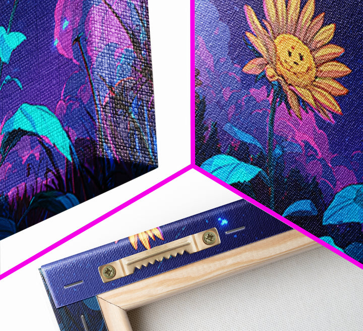 The Singing Sunflowers At Midnight, Synthwave Halloween Art, Wide Panoramic Art, Canvas Print, Retro Halloween Decor, Neon Wall Art