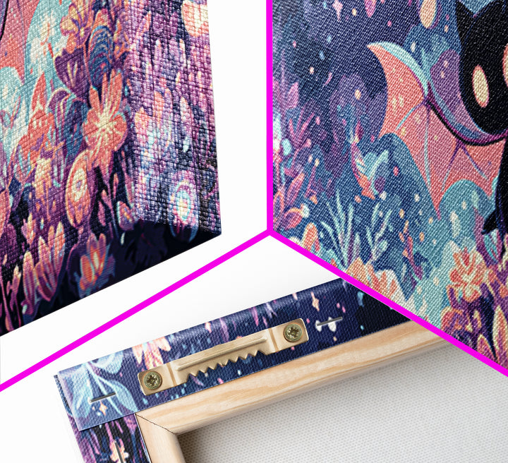 The Moon-Moth Garden, Synthwave Halloween Art, Extra Wide Wall Art, Framed Canvas Print, Retro Halloween Decor, Neon Wall Art
