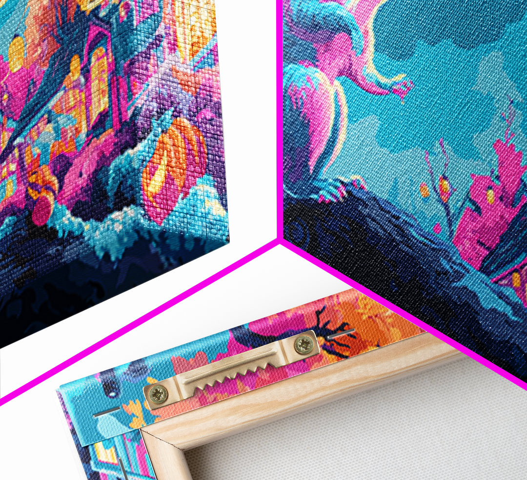 The Acorn Lantern Festival, Synthwave Halloween Art, Wide Panoramic Art, Framed Canvas Print, Retro Halloween Decor, Neon Wall Art