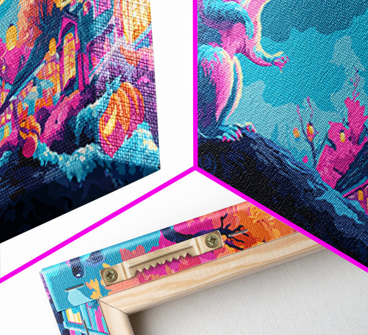 The Acorn Lantern Festival, Synthwave Halloween Art, Wide Panoramic Art, Framed Canvas Print, Retro Halloween Decor, Neon Wall Art