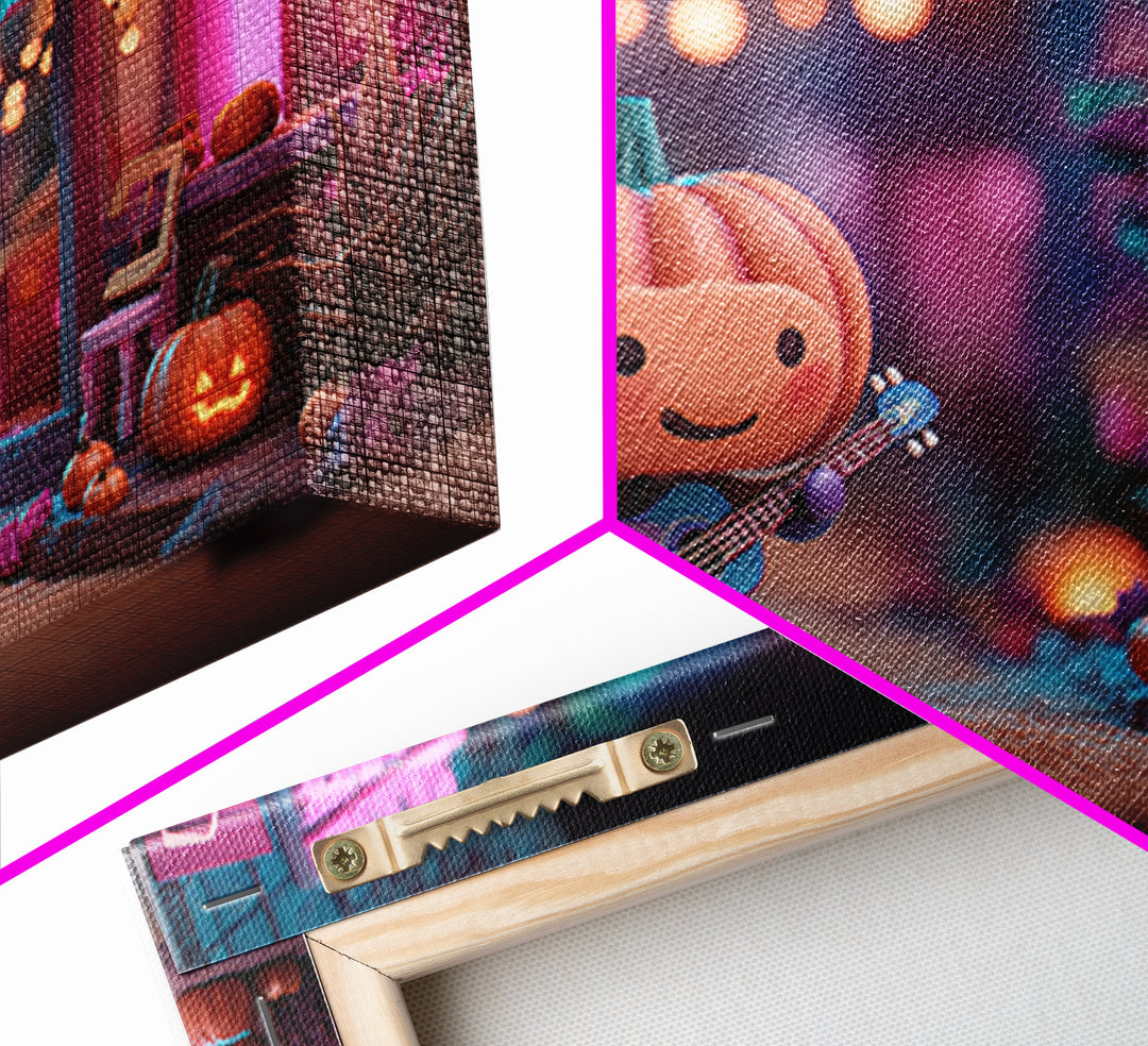 The Singing Pumpkin Patch, Vaporwave Halloween Decor, Landscape Wall Art, Framed Canvas Print, Retro Halloween Decor, Neon Wall Art