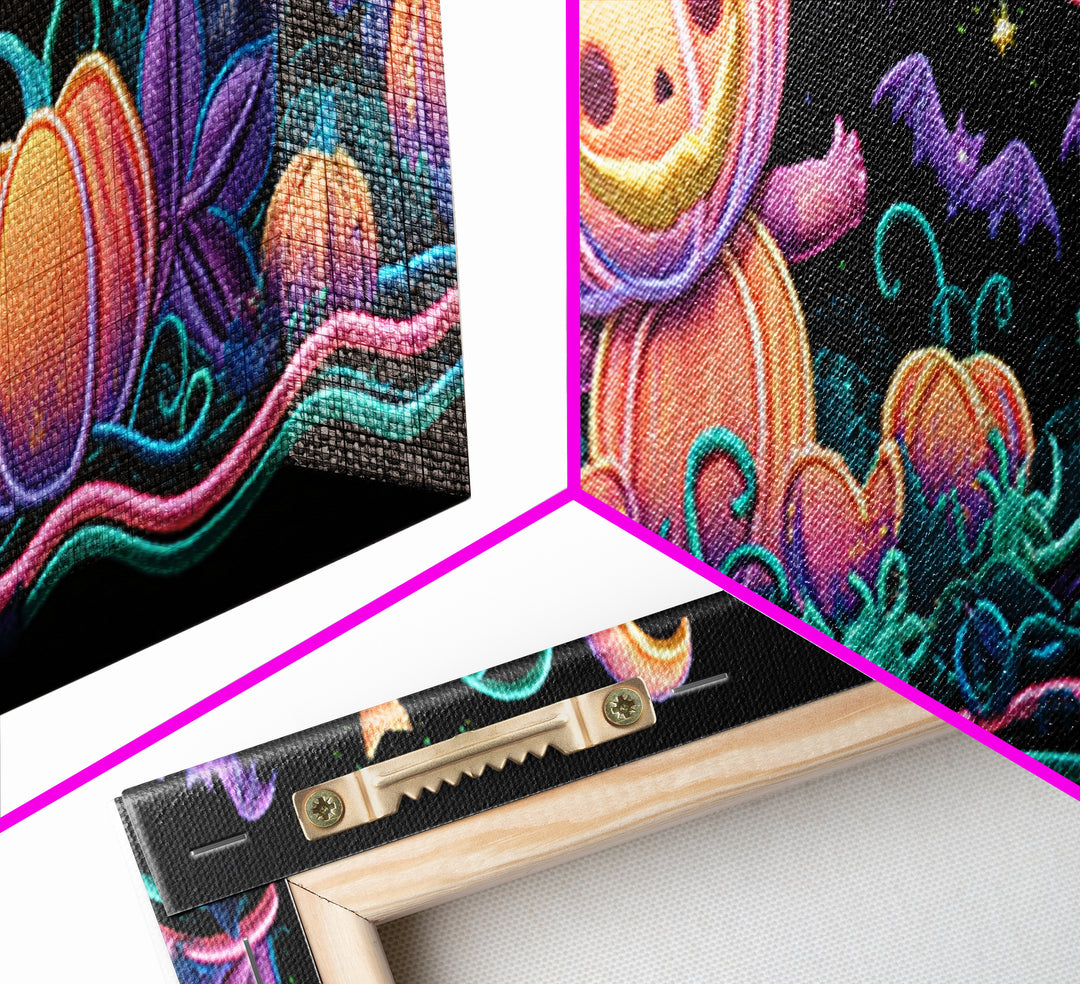 The Singing Pumpkin Patch, Retro Neon Halloween Art, Extra Wide Wall Art, Canvas Print, Retro Halloween Decor, Neon Wall Art