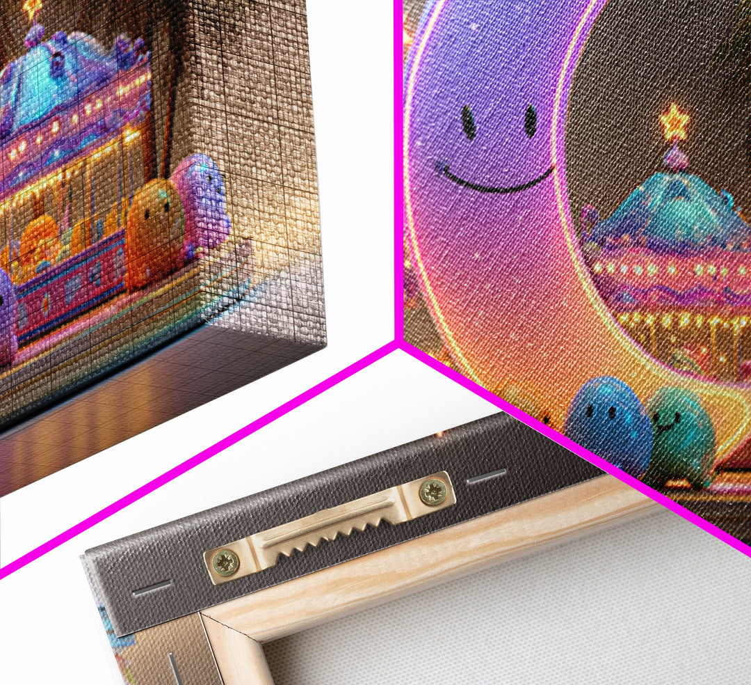 The Tiny Moon Carnival, Retro Neon Halloween Art, Wide Panoramic Art, Framed Canvas Print, Retro Halloween Decor, Neon Wall Art