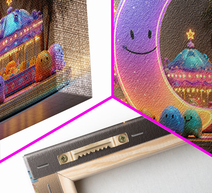 The Tiny Moon Carnival, Retro Neon Halloween Art, Wide Panoramic Art, Framed Canvas Print, Retro Halloween Decor, Neon Wall Art