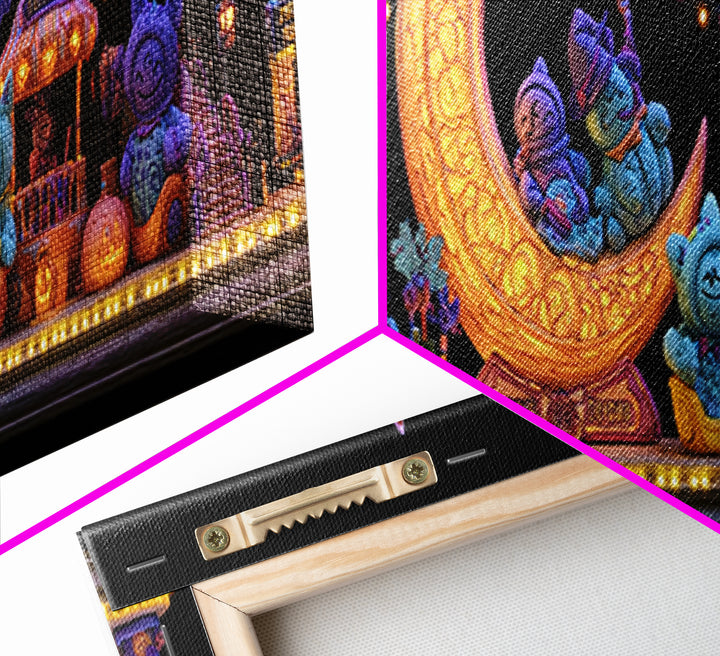 The Tiny Moon Carnival, 80s Halloween Wall Art, Extra Wide Wall Art, Framed Canvas Print, Retro Halloween Decor, Neon Wall Art