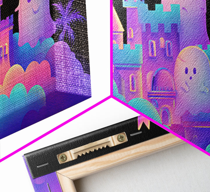 The Halloween Cloud Castle, 80s Halloween Wall Art, Wide Panoramic Art, Framed Canvas Print, Retro Halloween Decor, Neon Wall Art