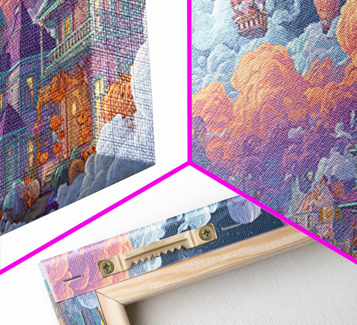 The Ghost Balloon City, Synthwave Halloween Art, Wide Panoramic Art, Framed Canvas Print, Retro Halloween Decor, Neon Wall Art