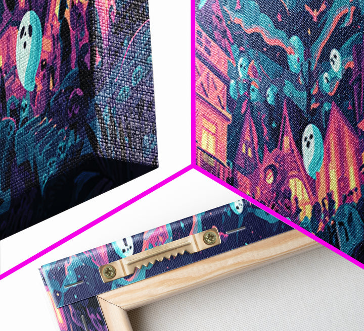 The Ghost Balloon City, Synthwave Halloween Art, Extra Wide Wall Art, Canvas Print, Retro Halloween Decor, Neon Wall Art, Statement Wall Art