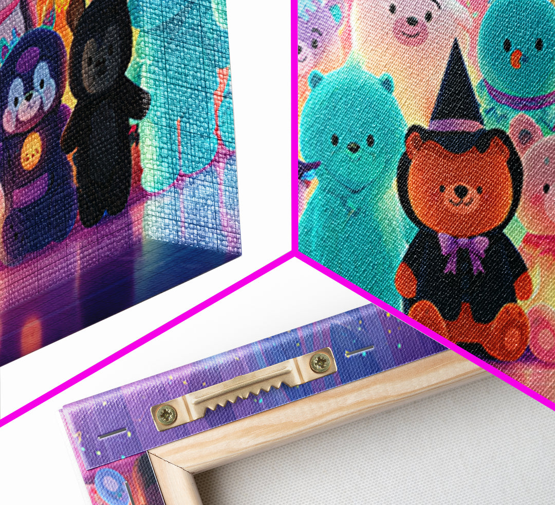 The Halloween Toy Kingdom, Vaporwave Halloween Decor, Wide Panoramic Art, Framed Canvas Print, Retro Halloween Decor, Neon Wall Art