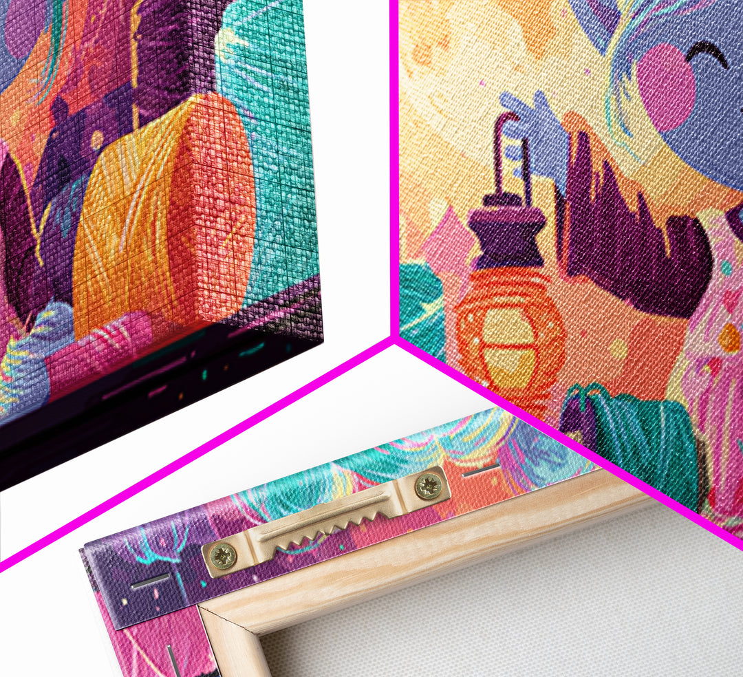 The Magical Costume Workshop, 80s Halloween Wall Art, Wide Panoramic Art, Framed Canvas Print, Retro Halloween Decor, Neon Wall Art