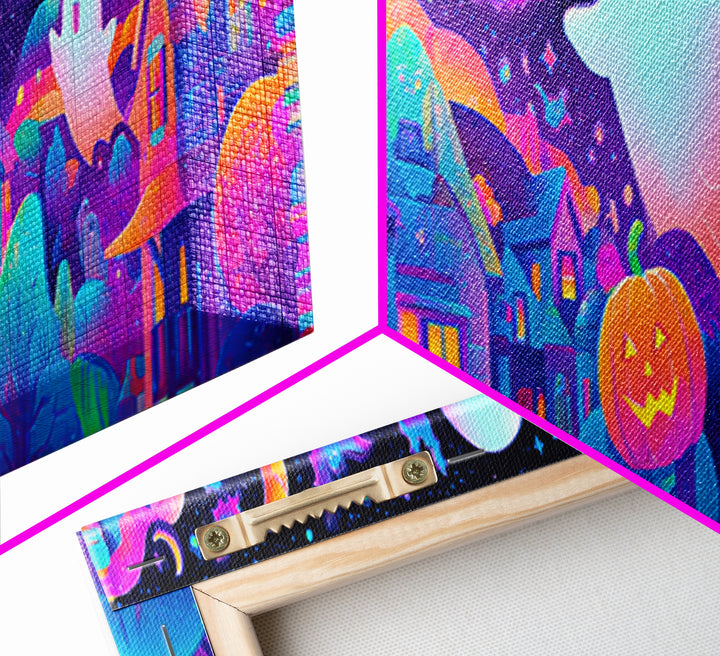 The Rainbow Halloween Night, Cute Spooky Neon Art, Extra Wide Wall Art, Canvas Print, Retro Halloween Decor, Neon Wall Art