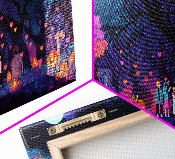 The Enchanted Halloween Library, Cute Spooky Neon Art, Wide Panoramic Art, Canvas Print, Retro Halloween Decor, Neon Wall Art