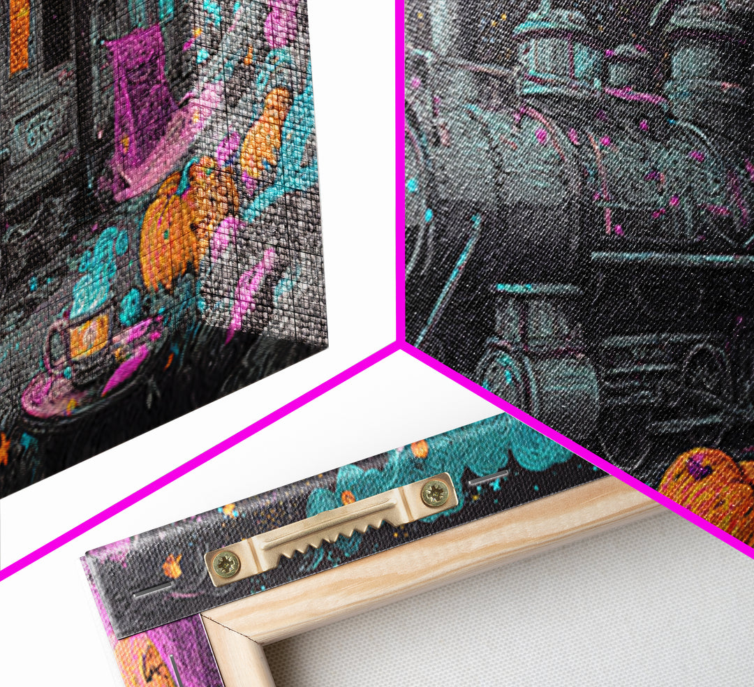 The Trick-Or-Treat Express, Synthwave Halloween Art, Wide Panoramic Art, Canvas Print, Retro Halloween Decor, Neon Wall Art
