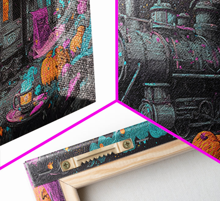 The Trick-Or-Treat Express, Synthwave Halloween Art, Wide Panoramic Art, Canvas Print, Retro Halloween Decor, Neon Wall Art