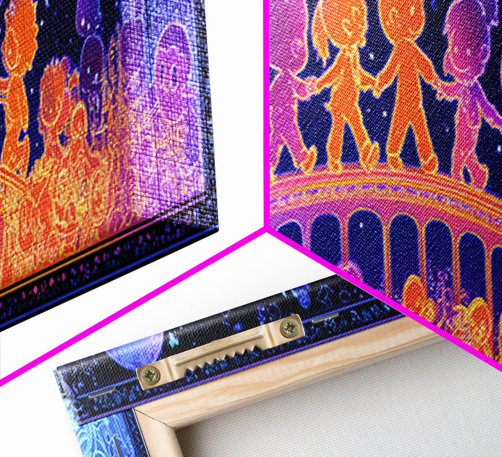 The Parade Across The Stars, Retro Neon Halloween Art, Extra Wide Wall Art, Framed Canvas Print, Retro Halloween Decor, Neon Wall Art