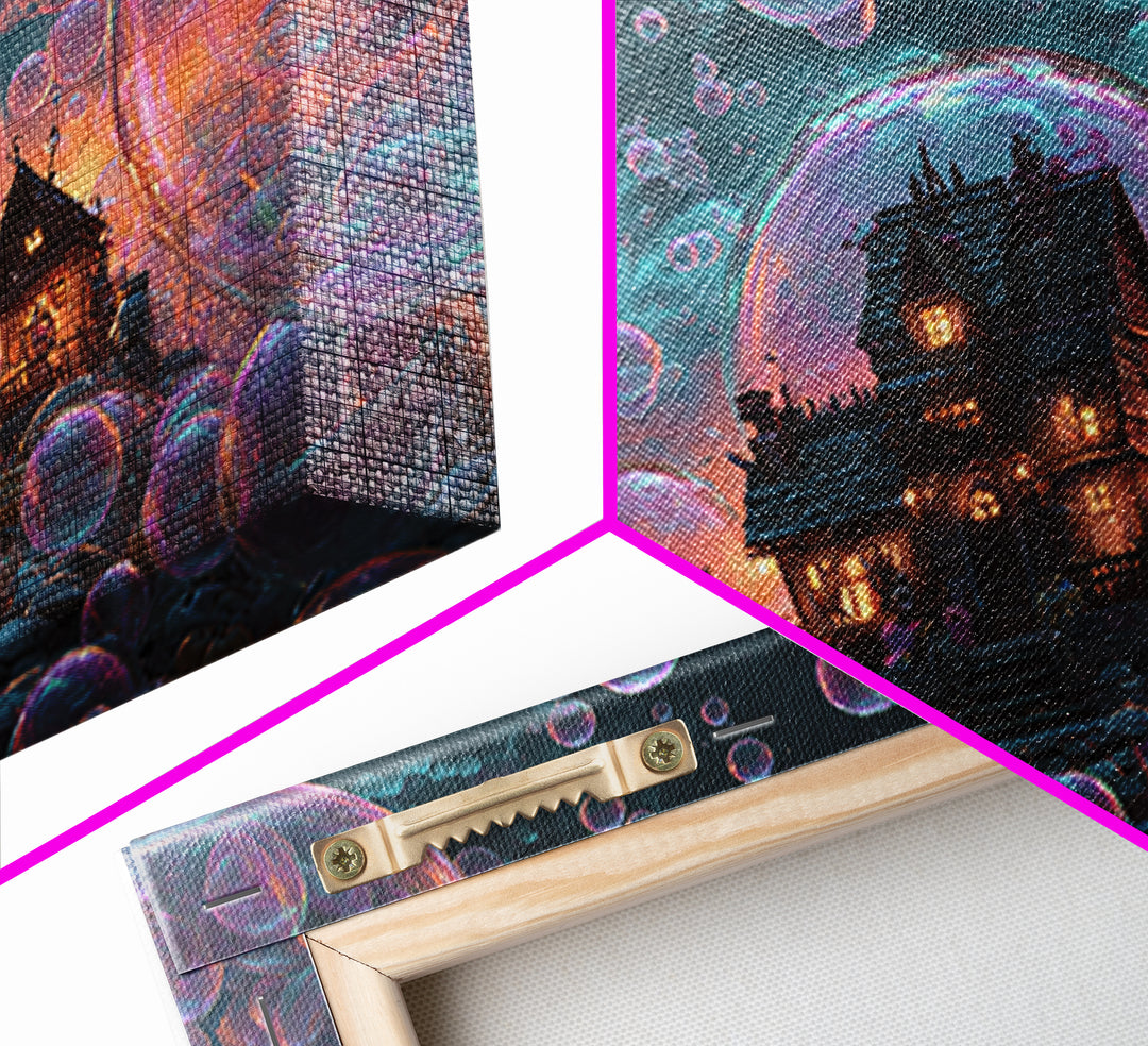 The Halloween Bubble Village, Synthwave Halloween Art, Landscape Wall Art, Framed Canvas Print, Retro Halloween Decor, Neon Wall Art