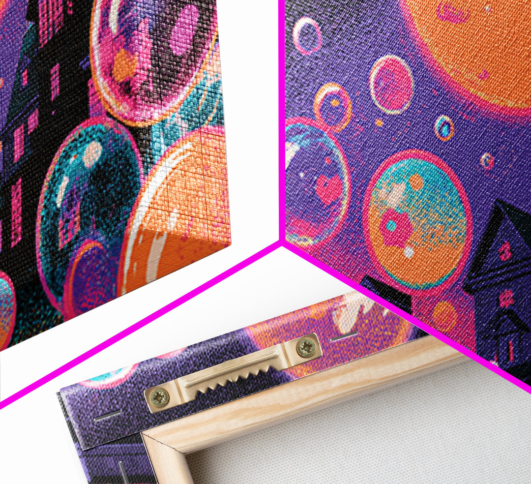 The Halloween Bubble Village, Synthwave Halloween Art, Wide Panoramic Art, Framed Canvas Print, Retro Halloween Decor, Neon Wall Art