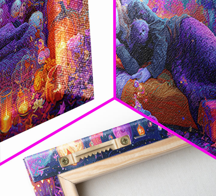 The Festival Of Friendly Frights, 80s Halloween Wall Art, Wide Panoramic Art, Framed Canvas Print, Retro Halloween Decor, Neon Wall Art