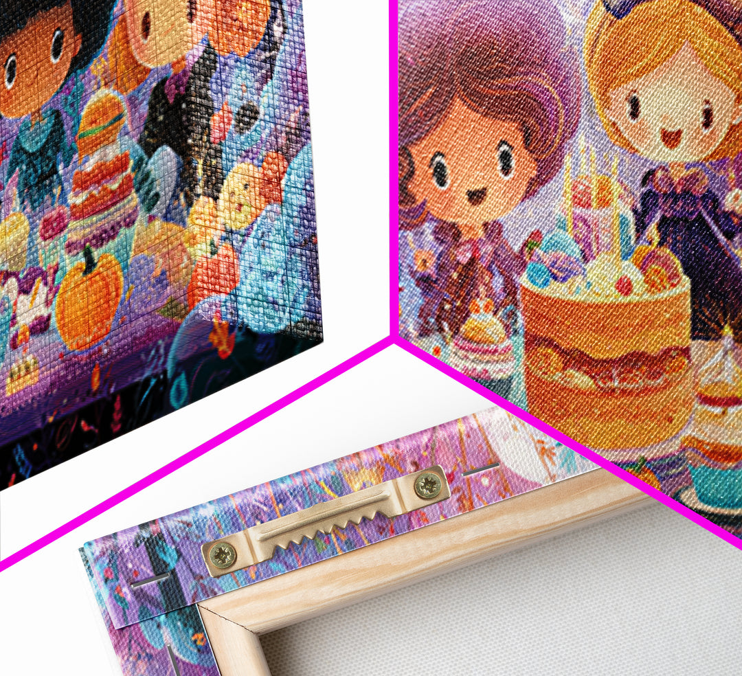 October'S Birthday Party, Vaporwave Halloween Decor, Wide Panoramic Art, Framed Canvas Print, Retro Halloween Decor, Neon Wall Art