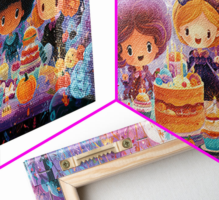 October'S Birthday Party, Vaporwave Halloween Decor, Wide Panoramic Art, Framed Canvas Print, Retro Halloween Decor, Neon Wall Art