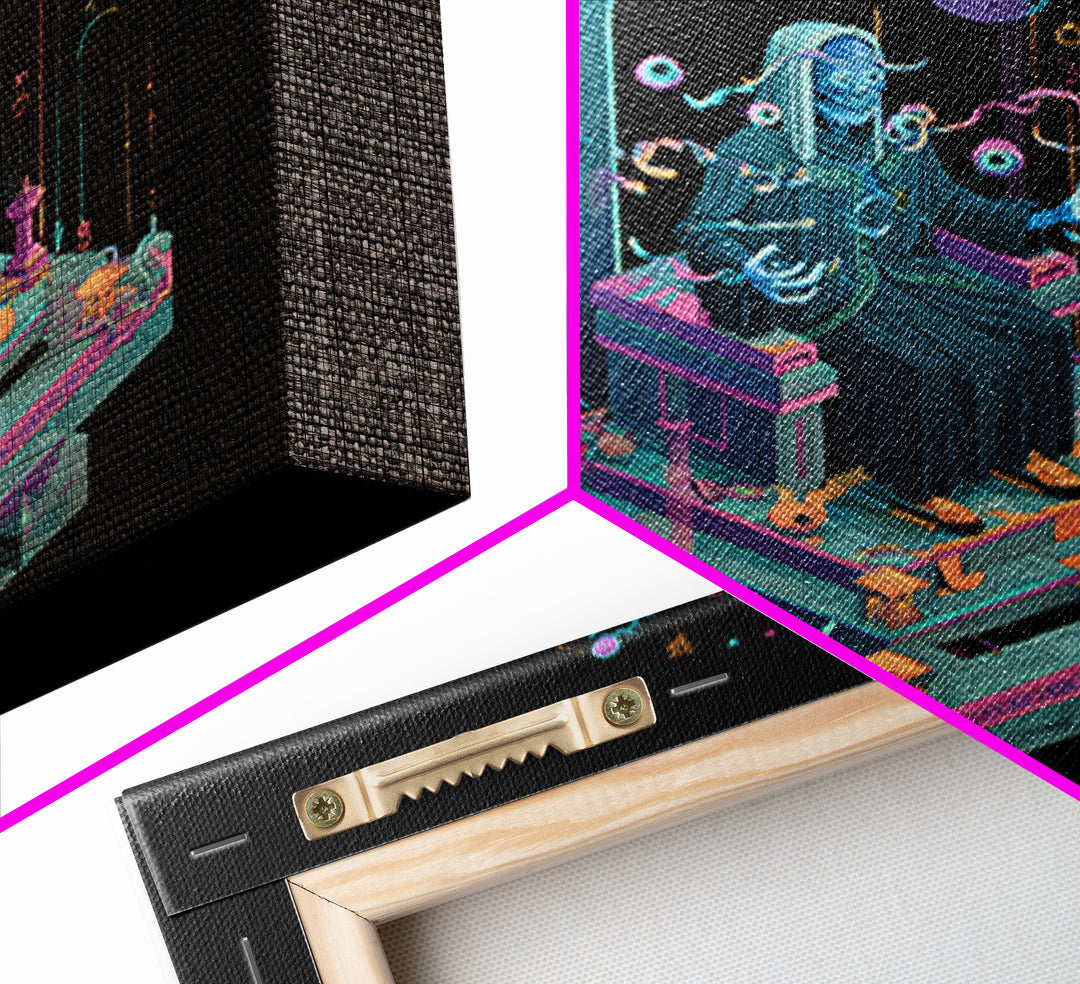 The Dreaming Priest Of The Outer Gate, Cosmic Synthwave Horror, Square Wall Art, Framed Canvas Print, Retro Halloween Decor, Neon Wall Art
