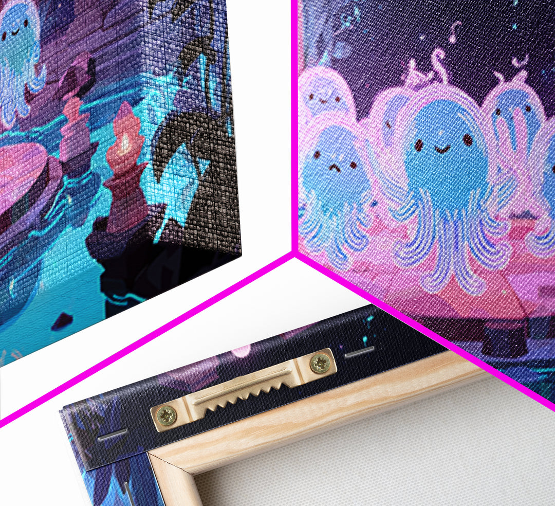 The Choir Of Deepwater Acolytes, Cute Spooky Neon Art, Wide Panoramic Art, Canvas Print, Retro Halloween Decor, Neon Wall Art