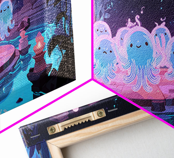 The Choir Of Deepwater Acolytes, Cute Spooky Neon Art, Wide Panoramic Art, Canvas Print, Retro Halloween Decor, Neon Wall Art