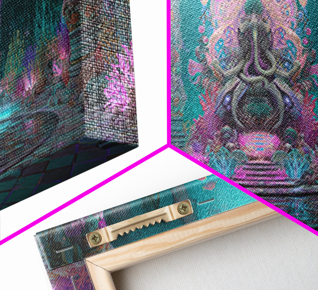 The Watcher In The Coral Throne, Vaporwave Halloween Decor, Wide Panoramic Art, Framed Canvas Print, Retro Halloween Decor, Neon Wall Art