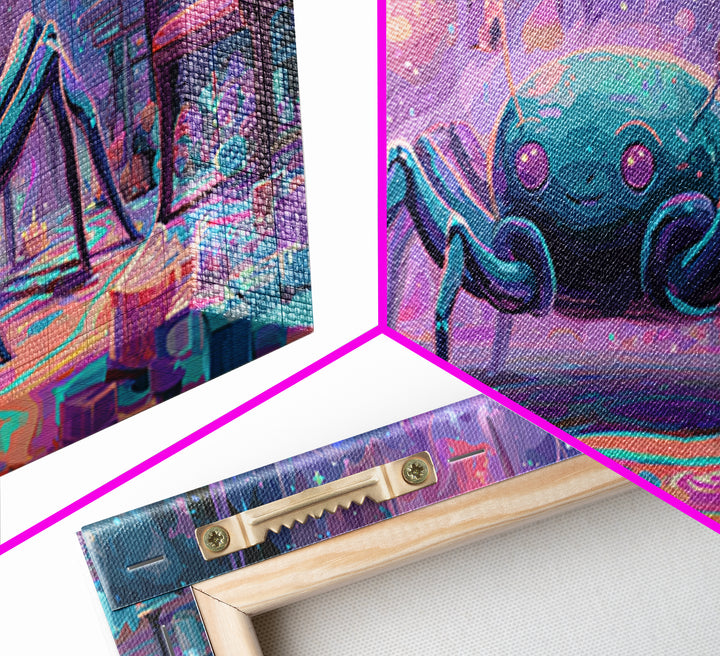 The Crawler Beneath The Floor Of Stars, Retro Neon Halloween Art, Wide Panoramic Art, Framed Canvas Print, Retro Halloween Decor
