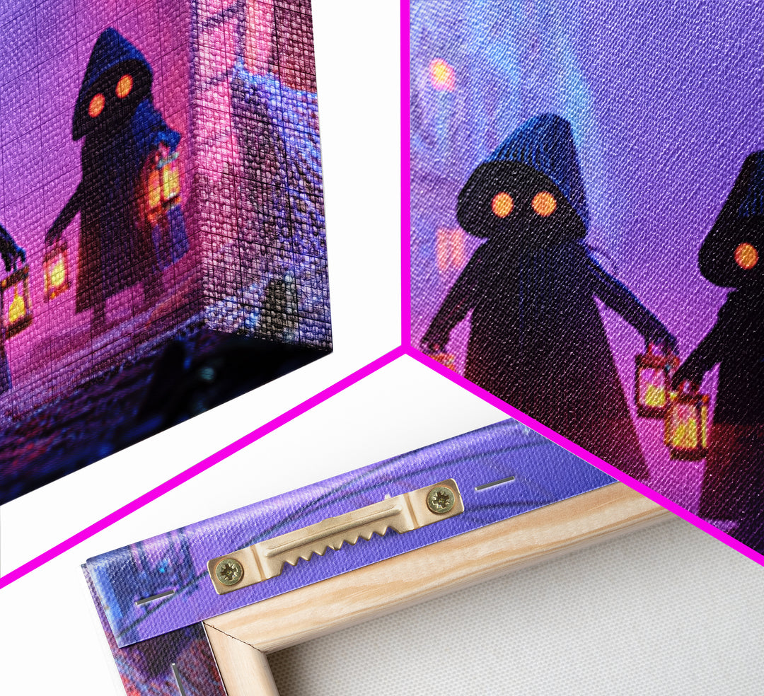 The Innsmouth Lantern Procession, Synthwave Halloween Art, Landscape Wall Art, Framed Canvas Print, Retro Halloween Decor, Neon Wall Art