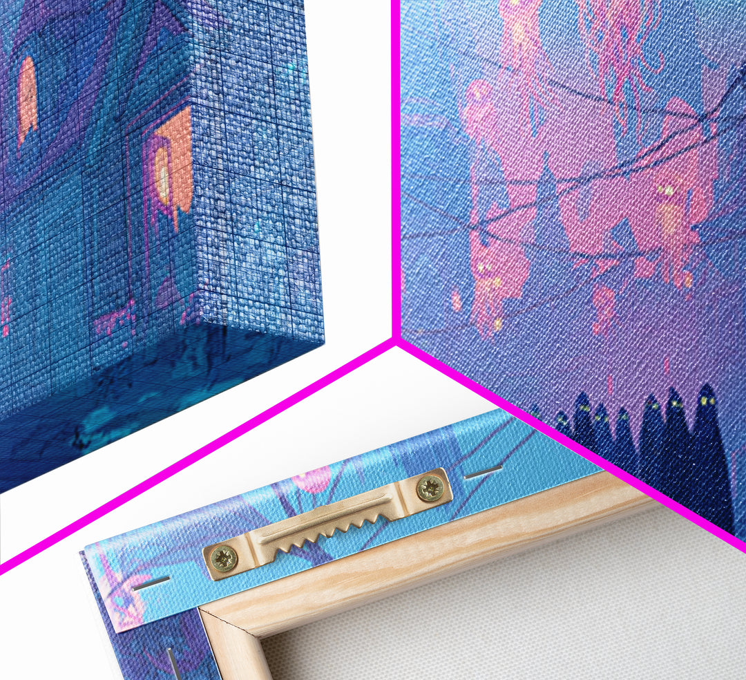 The Innsmouth Lantern Procession, Cute Eldritch Neon Art, Wide Panoramic Art, Framed Canvas Print, Retro Halloween Decor, Neon Wall Art