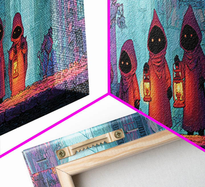 The Innsmouth Lantern Procession, Retro Neon Halloween Art, Extra Wide Wall Art, Framed Canvas Print, Retro Halloween Decor, Neon Wall Art